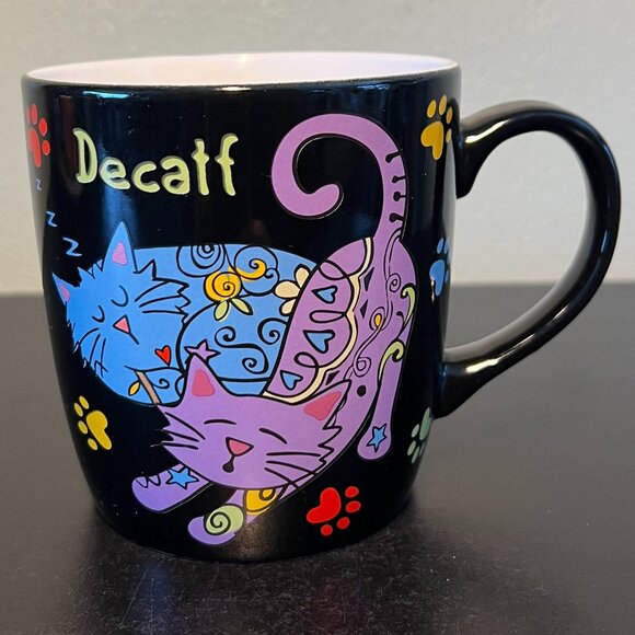 Animal Rescue Site Cats Kittens Paw Prints Caffeinated Decaf Pun Coffee Mug - Picture 3 of 10